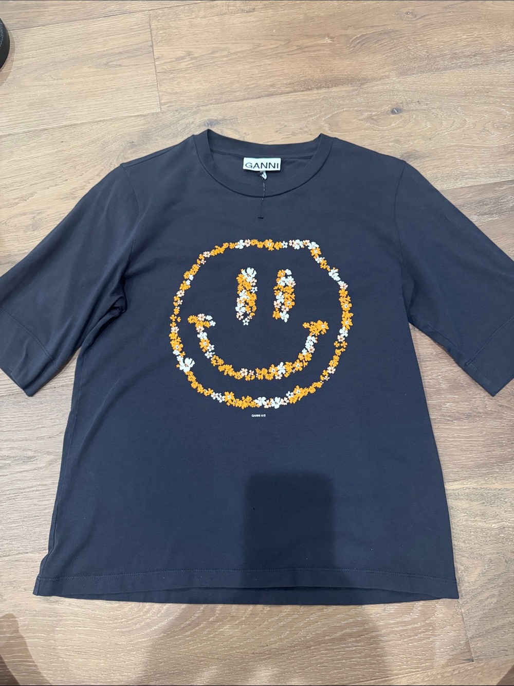 Ganni Black Short-Sleeve Tee with Yellow & White Floral Smiley
